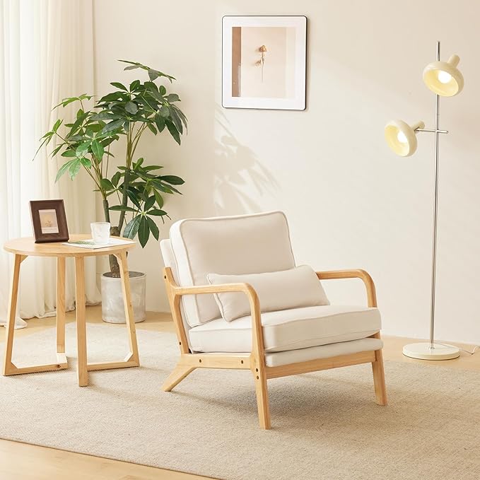Bonnlo Coarse Linen Beige Mid Century Modern Accent Chair, Soild Wood Padding - Image 4