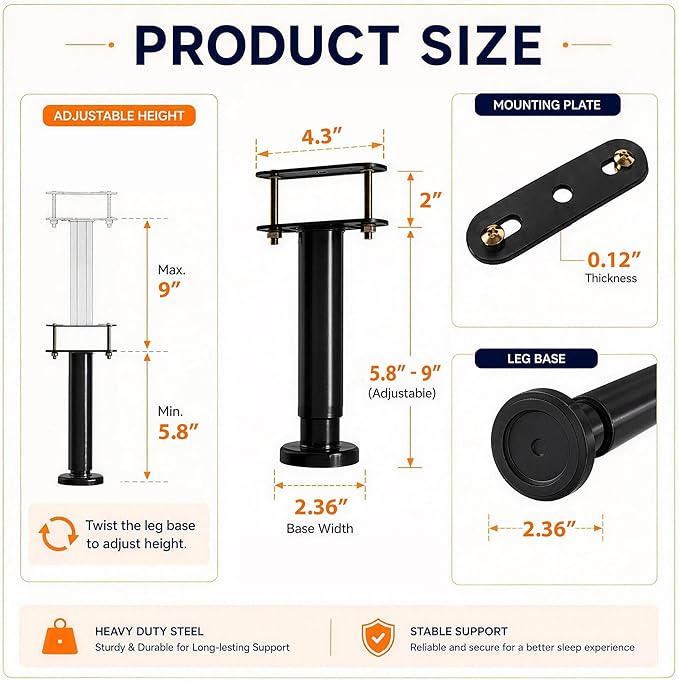 6Pcs Bed Frame Support Leg, Adjustable Height 5.8"-9", Extra Sturdy Steel Bed - Image 2