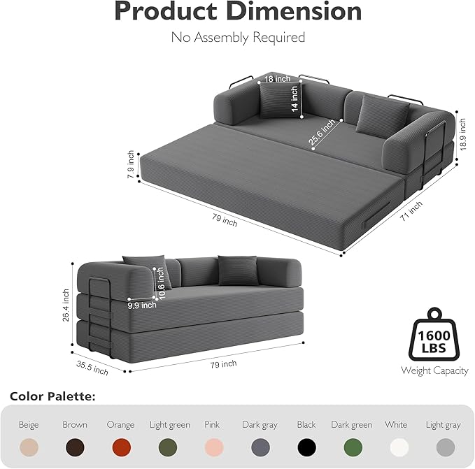 79in Convertible Sofa Bed, Corduroy Boneless Couch Bed, Futon Sleeper Sofa Pull - Image 2