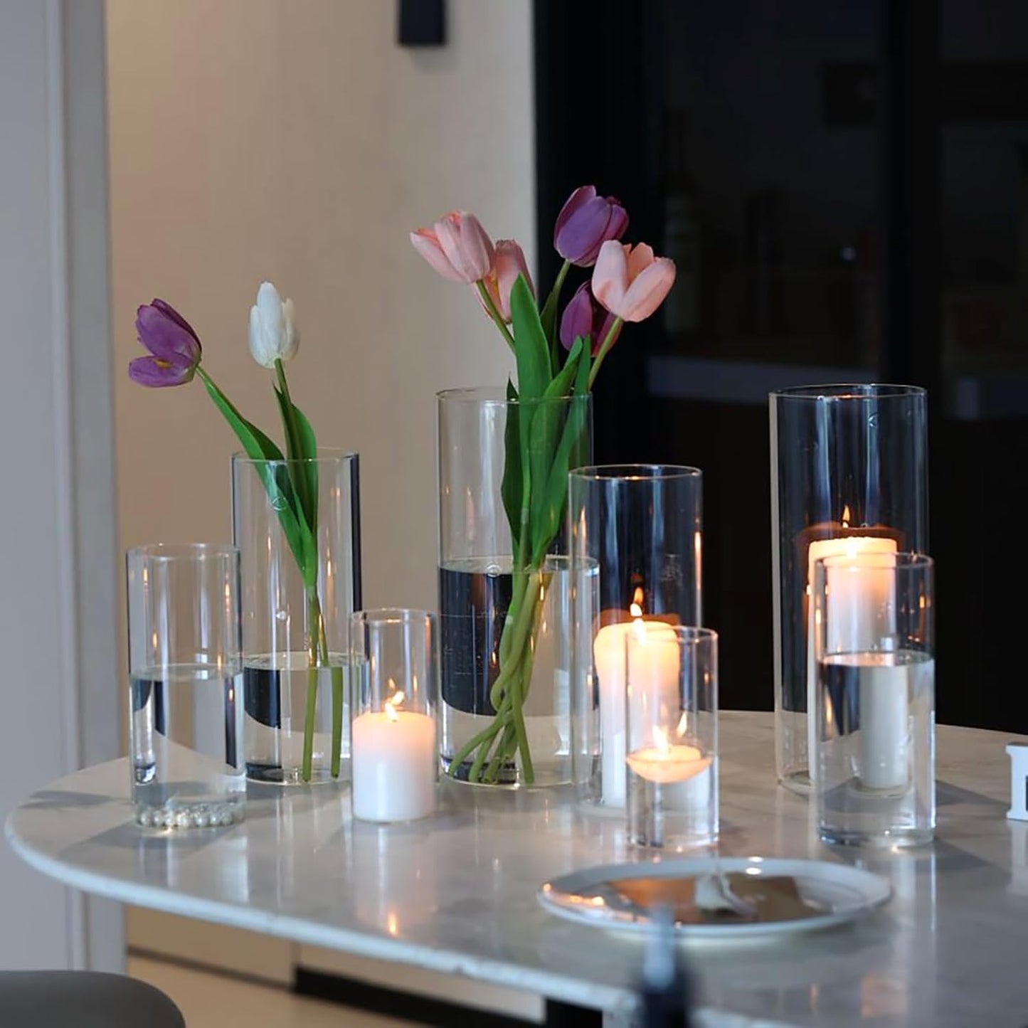 PHOSPHOR 24 PCS Glass Candle Holder - Hurricane & Pillar Candle Holder, Clear Glass Cylinder Vase for Centerpieces, Wedding & Party Decoration