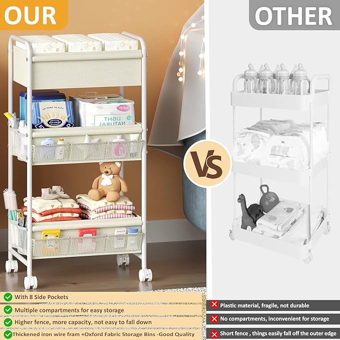 3-Tier Baby Diaper Caddy Cart Organizer, Mobile Nursery Storage Carts - Image 5