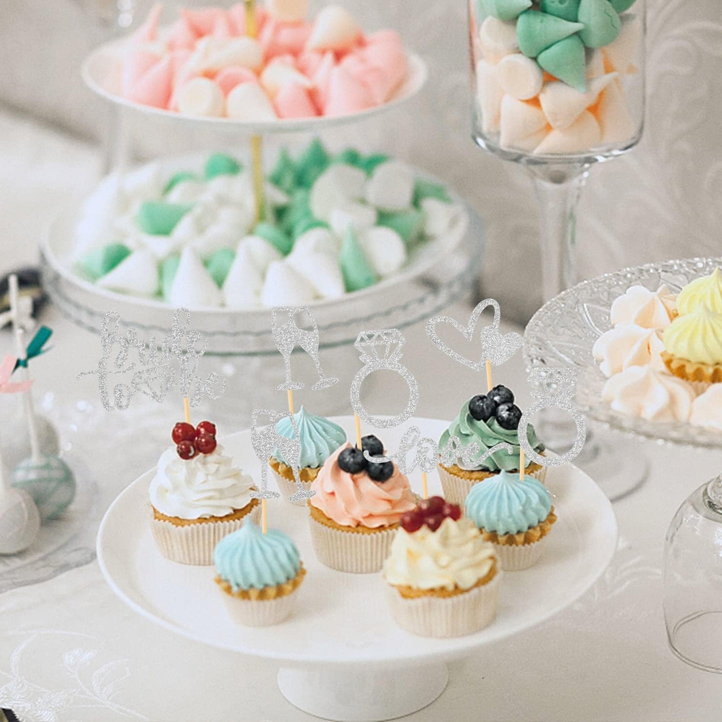 35 Pcs Glitter Diamond Ring Bride to be Love Cupcake Topper Champagne Cake Picks Decorations for Bridal Shower Wedding Engagement Party Supplies, Silver
