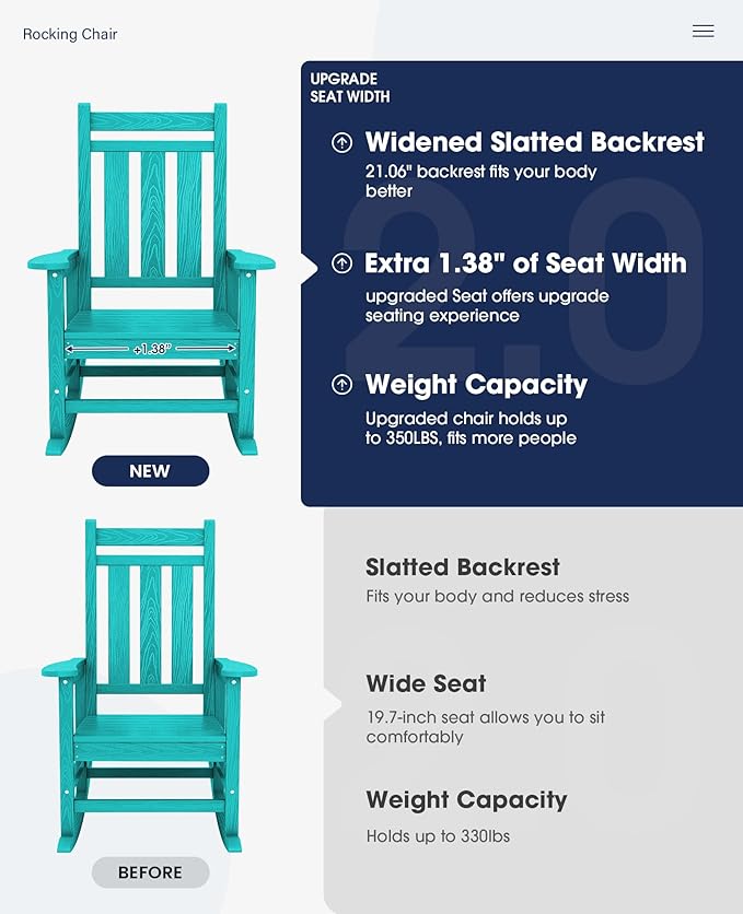 KINGYES Oversized Outdoor Rocking Chair Set of 2, All-Weather Patio Rocking - Image 4