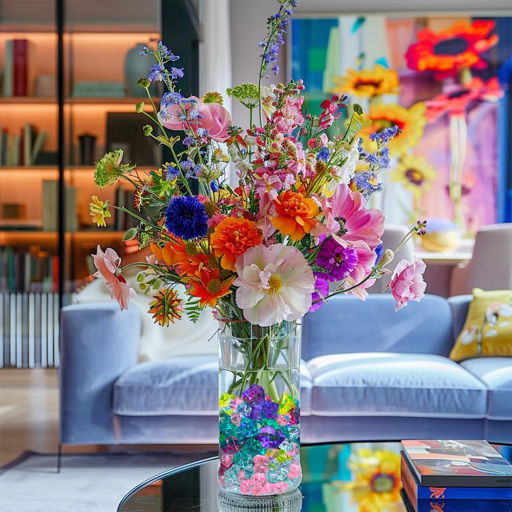 HappyFiller Fiestal Style Multi Colored Fake Ice Rocks Cubes Acrylic Gems Stones for Vase Fillers,Mermaid Birthday Party,Wedding Centerpieces Table Scatters,Floral Arrangement,Home Accents,15 OZ