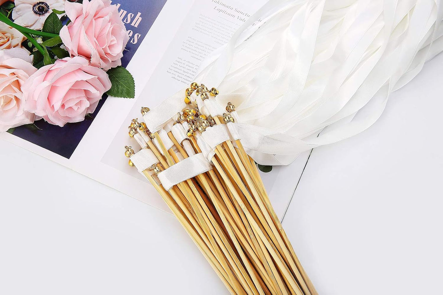 50pcs Ribbon Stick Wands Off White Streamers with Gold Bells for Wedding Party Favors for Guests