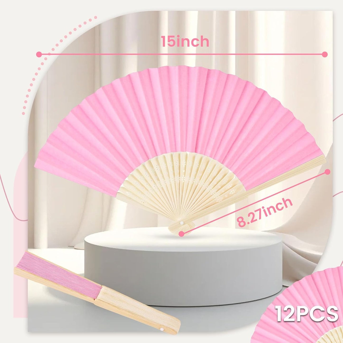 JOHOUSE 12 PCS Paper Folding Hand Fans, 8.3 Inch Pink Paper Fans Handheld Portable for Wedding, Outdoor Party Favors, Bridal Baby Shower DIY Crafts Photography Prop Pink Party Decorations