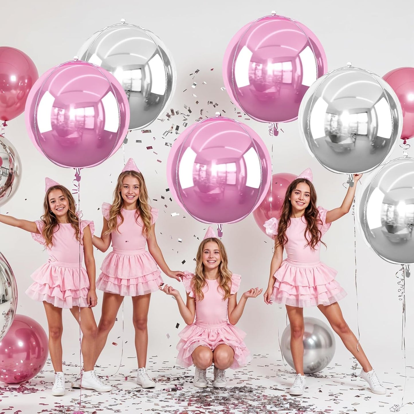 6Pcs Pink Silver Round Foil Balloons, 22inch 4D Metallic Silver Pink Balloons, Large Round Foil Ball Balloon for Girls Women Birthday Anniversary Baby Shower Wedding Party Backdrop Decorations