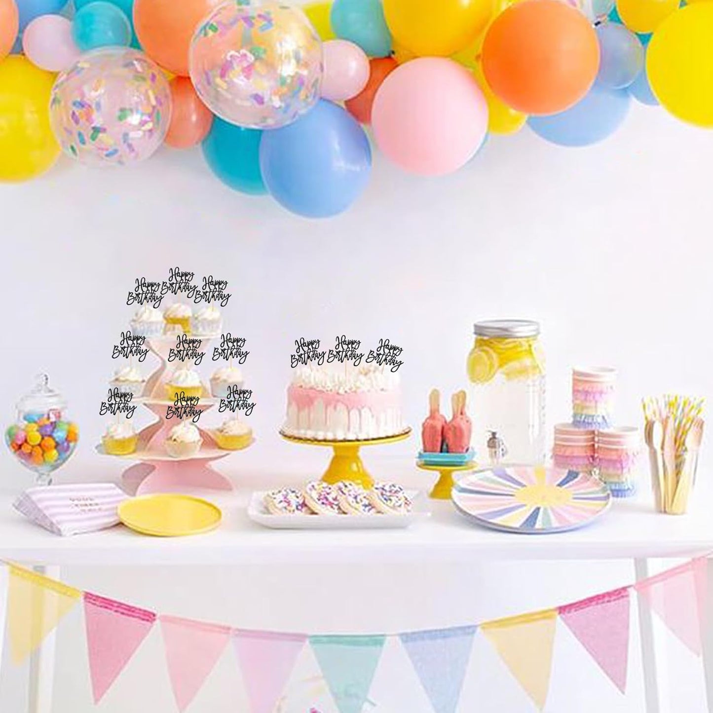 24 PCS Glitter Cupcake Toppers - Happy Birthday & Anniversary Cake Decorations - Black