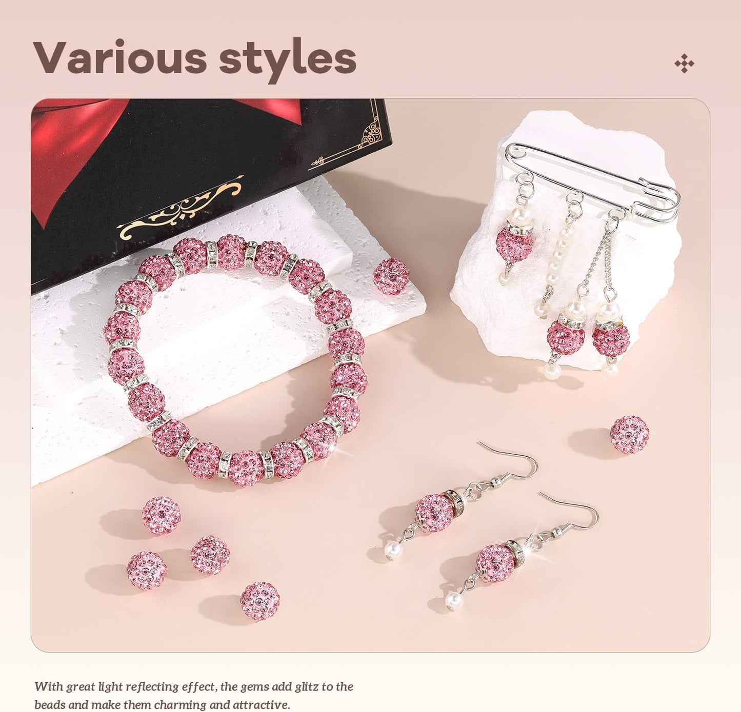 105pcs 10mm Rhinestone Beads for Jewelry Making, Pink Shiny Round Disco Ball Beads Bulk, Sparkle Crystal Clay Christmas for Bracelet Baseball Necklace Earring Crafting and DIY