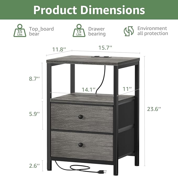 BOLUO Gray Nightstand with Charging Station, LED Night Stand with 2 Fabric - Image 3