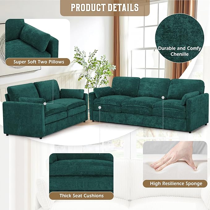 Classic Chenille Sofa Set with 2 Extra Armrest Pillows, Loveseat and 3-Seat - Image 2