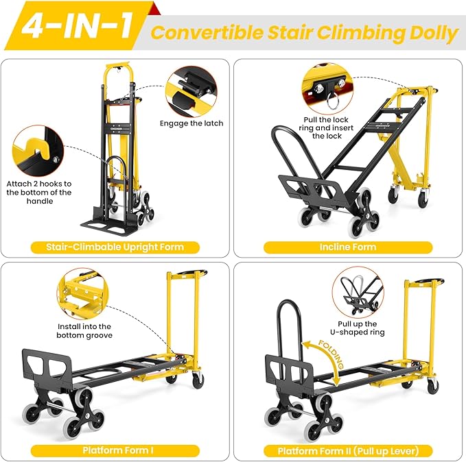 4-in-1 Hand Truck Dolly Heavy Duty Industrial Convertible, 1000 LBS Stair - Image 4