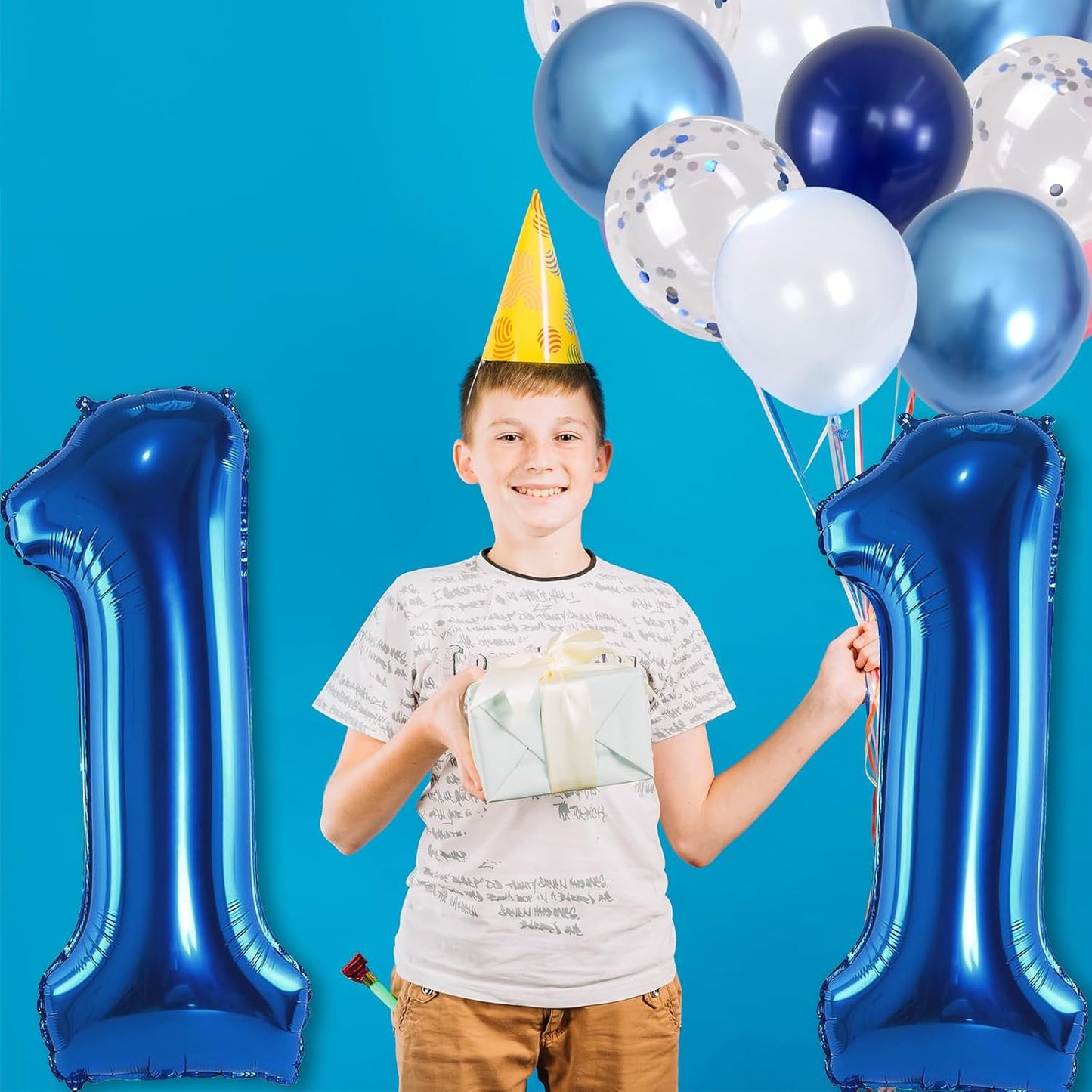Foil Number Balloons 11, 40'' 11th Birthday Balloon with Pastel Navy Dark Blue Silver Confetti Helium Balloon, Self Inflating Big 11 Balloon Number for Boys Birthday Party Anniversary Decor Supplies
