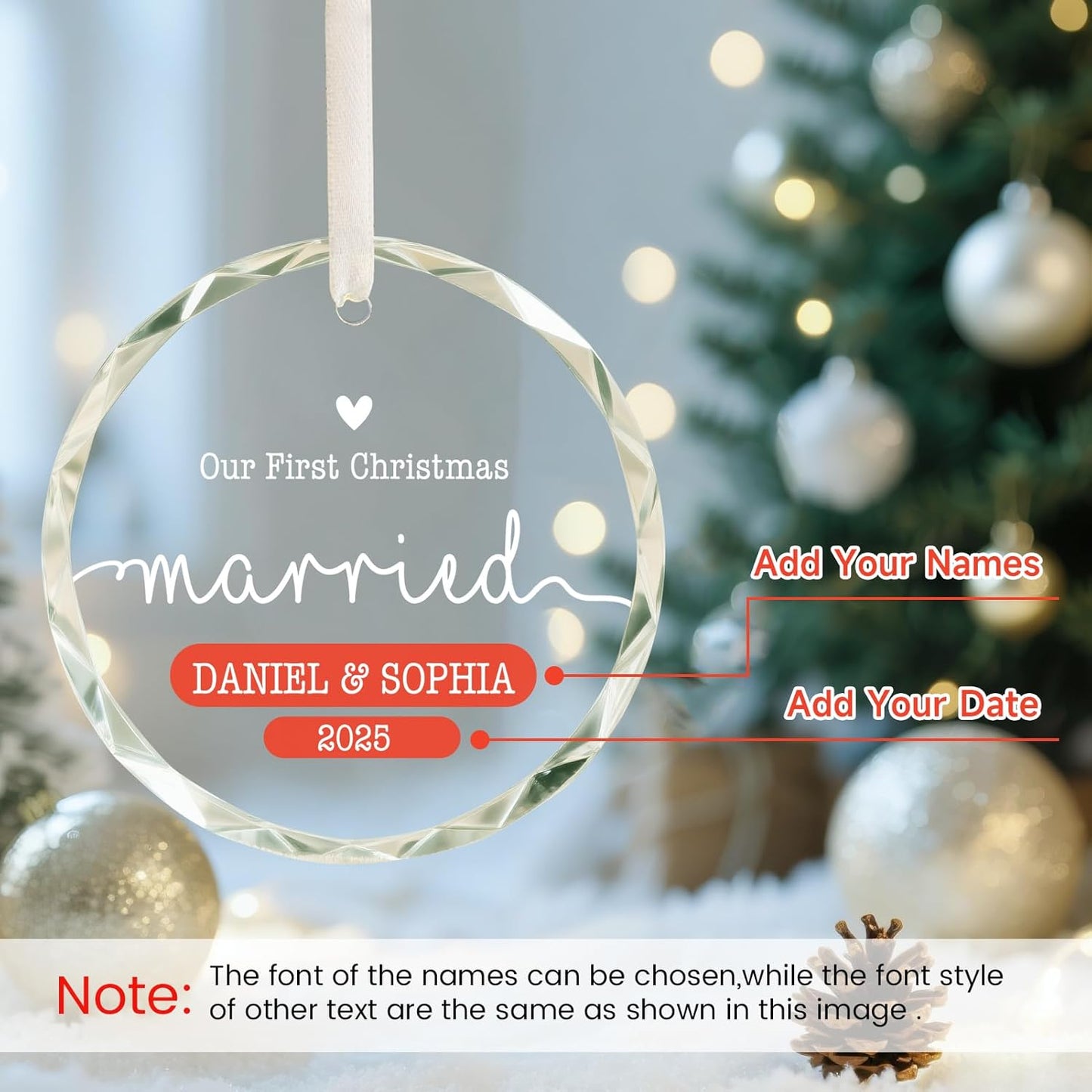 Personalized Wedding Gifts for Couples 2025, Bridal Shower Ideas for Her, Newlywed, Custom First Christmas Married Ornament, Customized Hanging Christmas Tree Ornament 2025