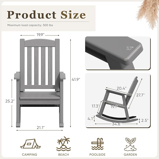 Greesum Outdoor Rocking Chair, 300lbs All-Weather Patio Resin Rocker, - Image 3