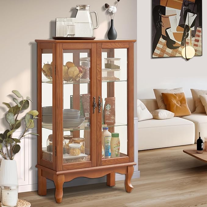 Curio Cabinet With Lighted Tall Leg Glass Door, Antique Display With Mirrored - Image 7