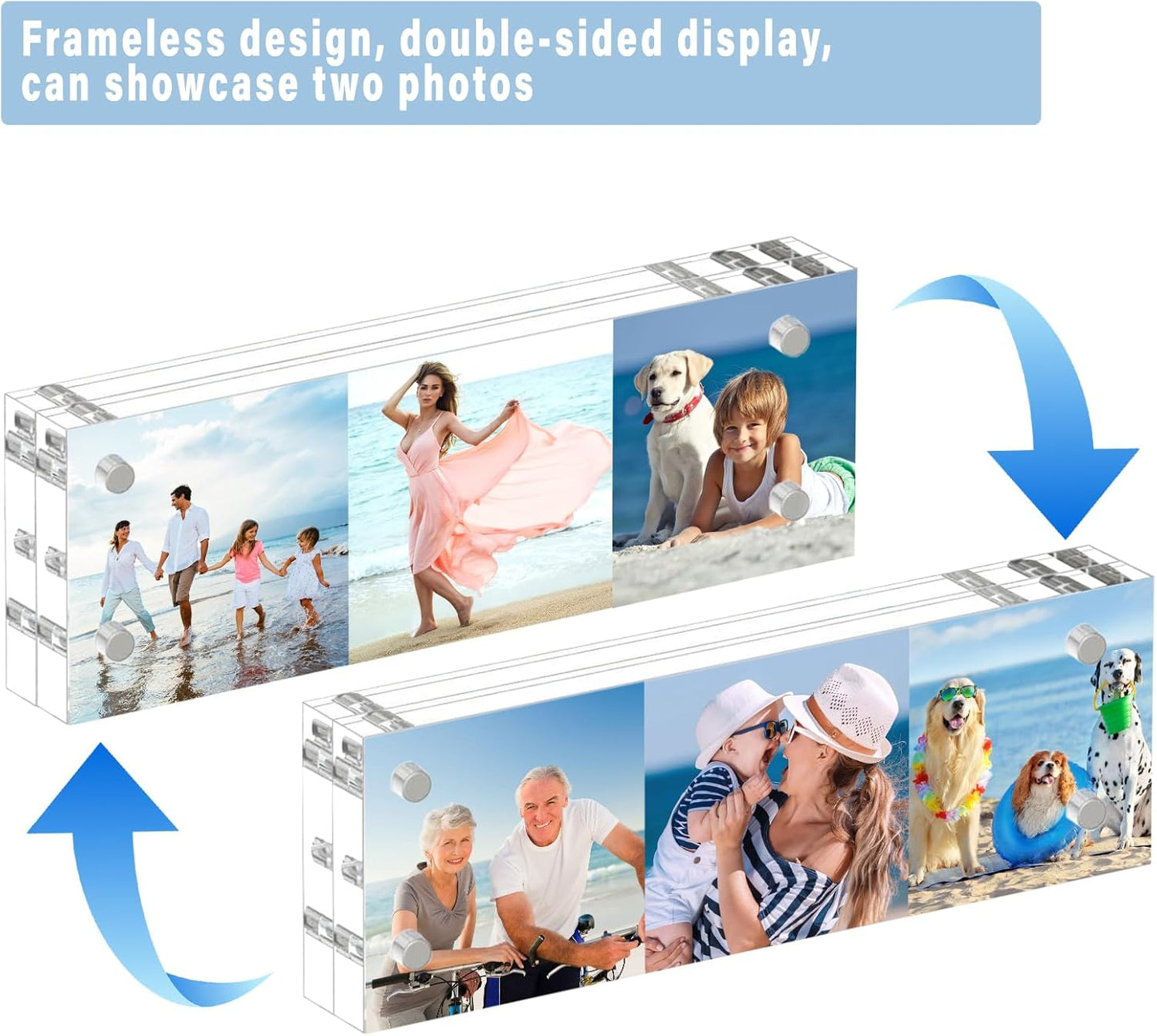 HELPLEX Acrylic Frame, 5 Pack 2x6 Photo Booth Frames, 20mm Thicker Frameless Clear Double Sided Magnetic, Free Standing Desktop Display Stand