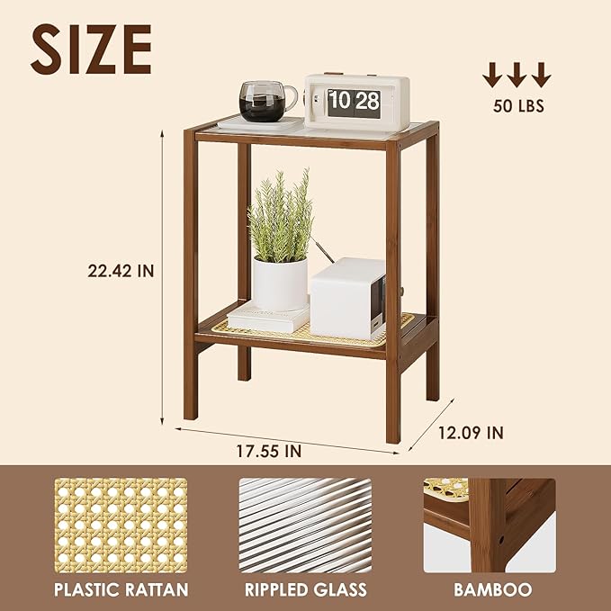 Bamworld Rattan Side Table Living Room Glasstop Night Stand Boho End Table - Image 2