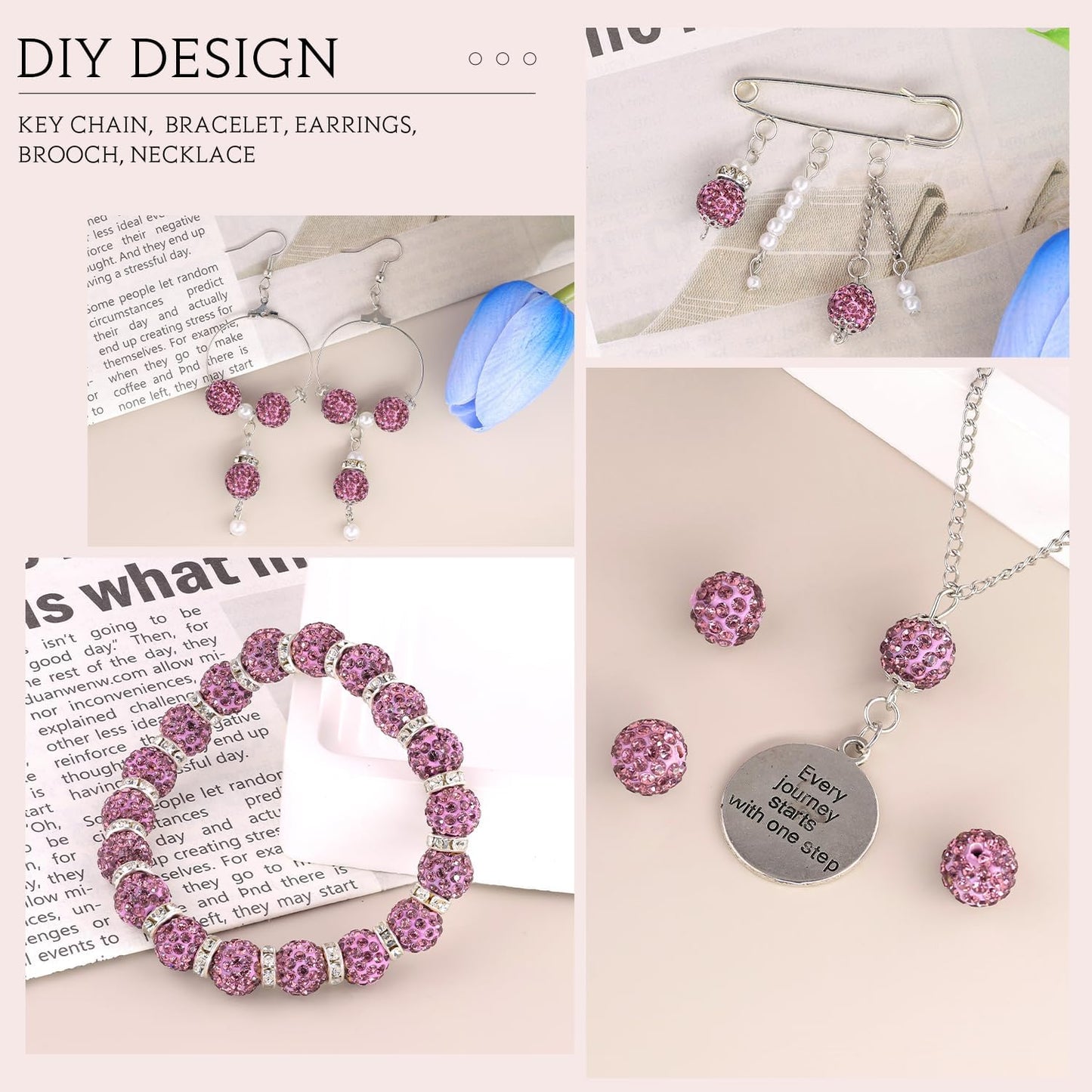 200pcs 10mm Light Purple Rhinestone Beads for Jewelry Making, Shiny Round Shamballa Disco Ball Beads, Sparkle Crystal Clay Christmas for Bracelet Baseball Necklace Earring Crafting and DIY