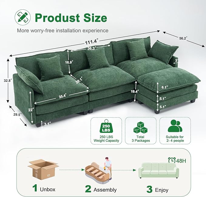 111.4" L-Shaped Cloud Chenille Sofa Sectional Couch - Image 2