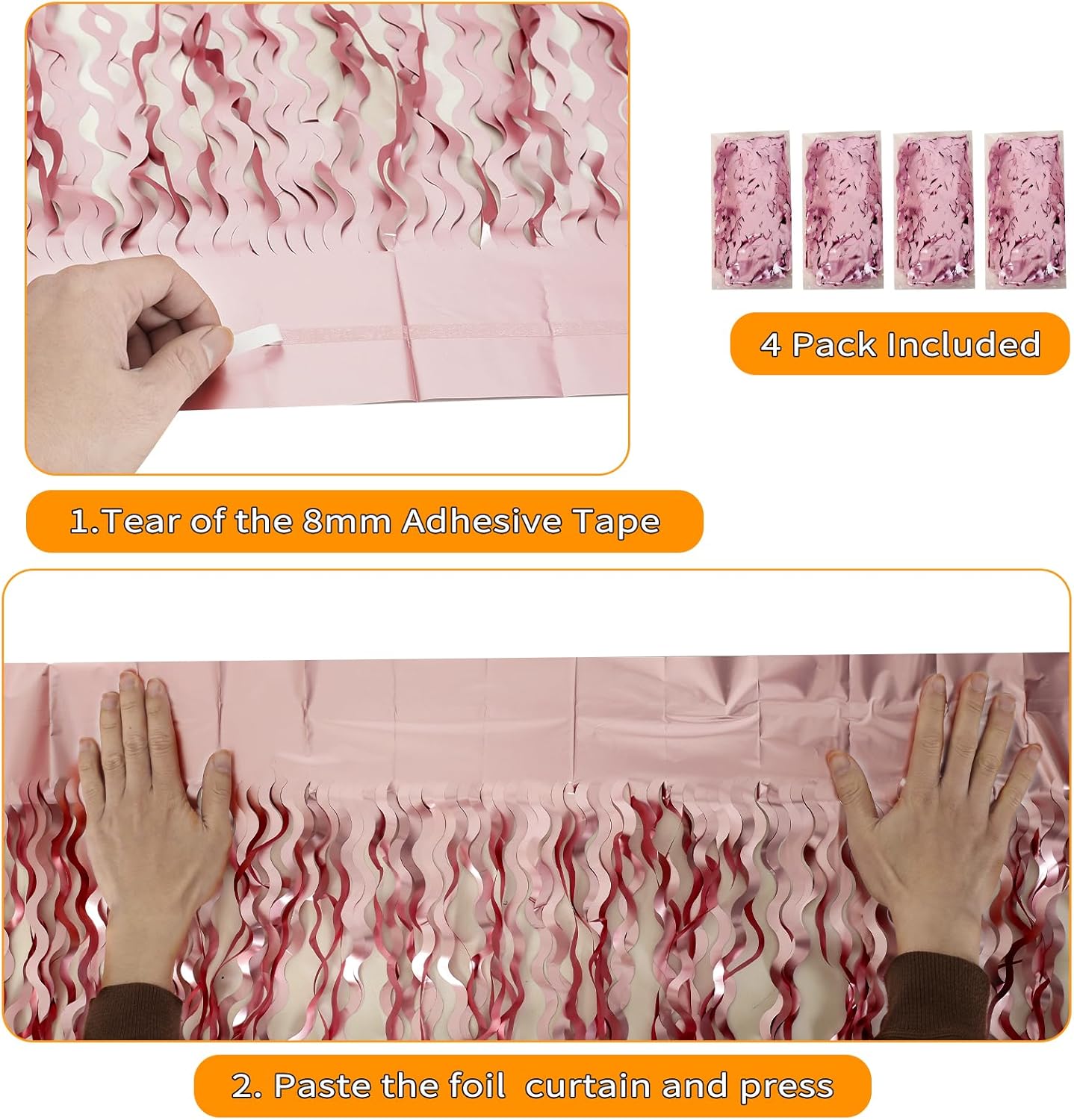 4 Pack 3.3x6.6ft Pink Tinsel Curtain Party Backdrop - Wavy Foil Fringe Curtain Party Streamers for Girl Princess Bachelorette Disco Party Decorations