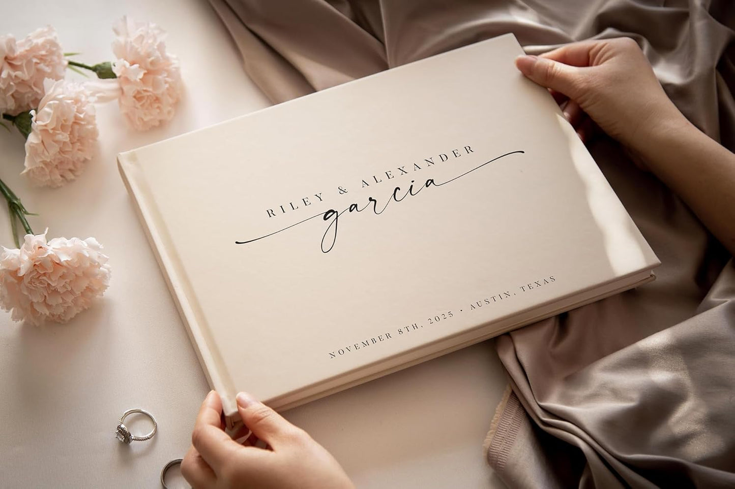 Personalized Guest Book - 11.5" x 8.5" Custom Bride & Groom Names with Bookmark and Hard Cover 140 GSM Blank Pages, for Weddings Guest Book, Engagements, Birthdays, Special Events, Oats