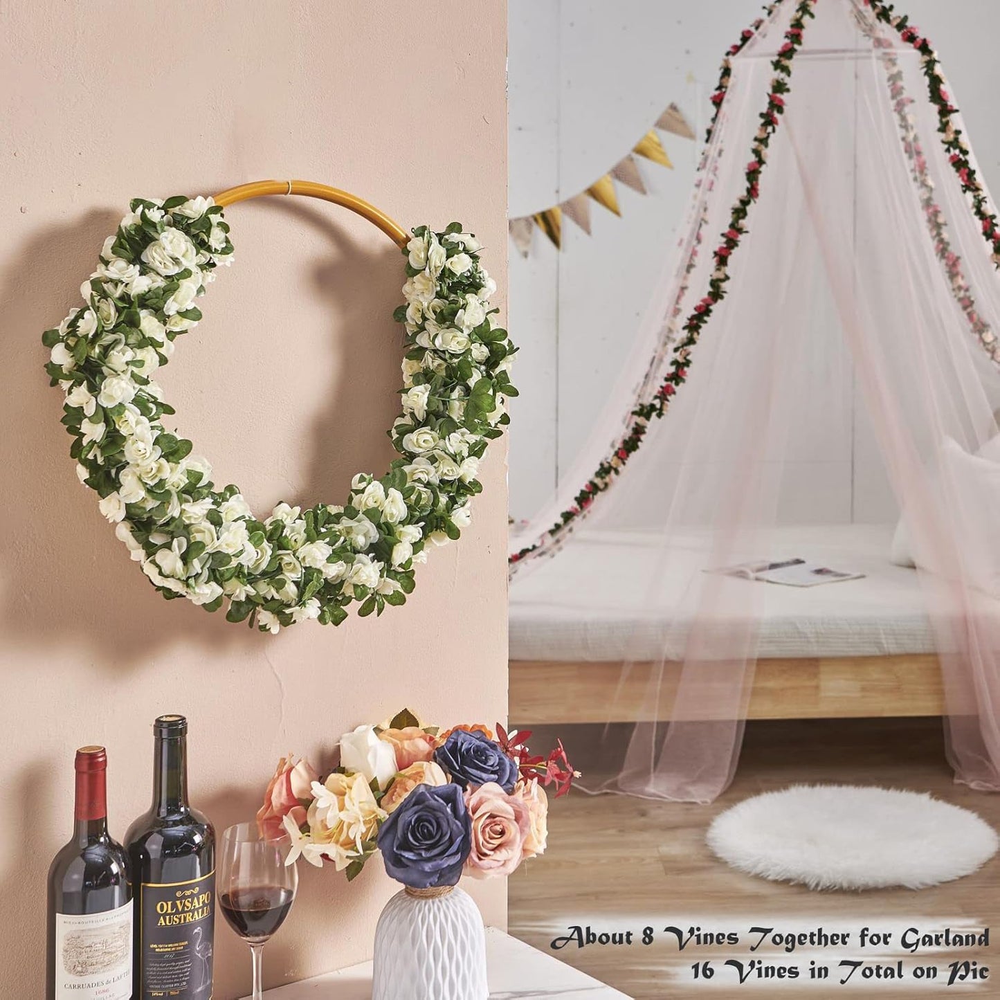 6 Pcs x 8.2 ft Flower Garland Artificial Rose Vine Flowers with Green Leaves Hanging Fake Roses Vine for Room Party Home Wedding Birthday Christmas Wall Arch Decor, Spring White Flower