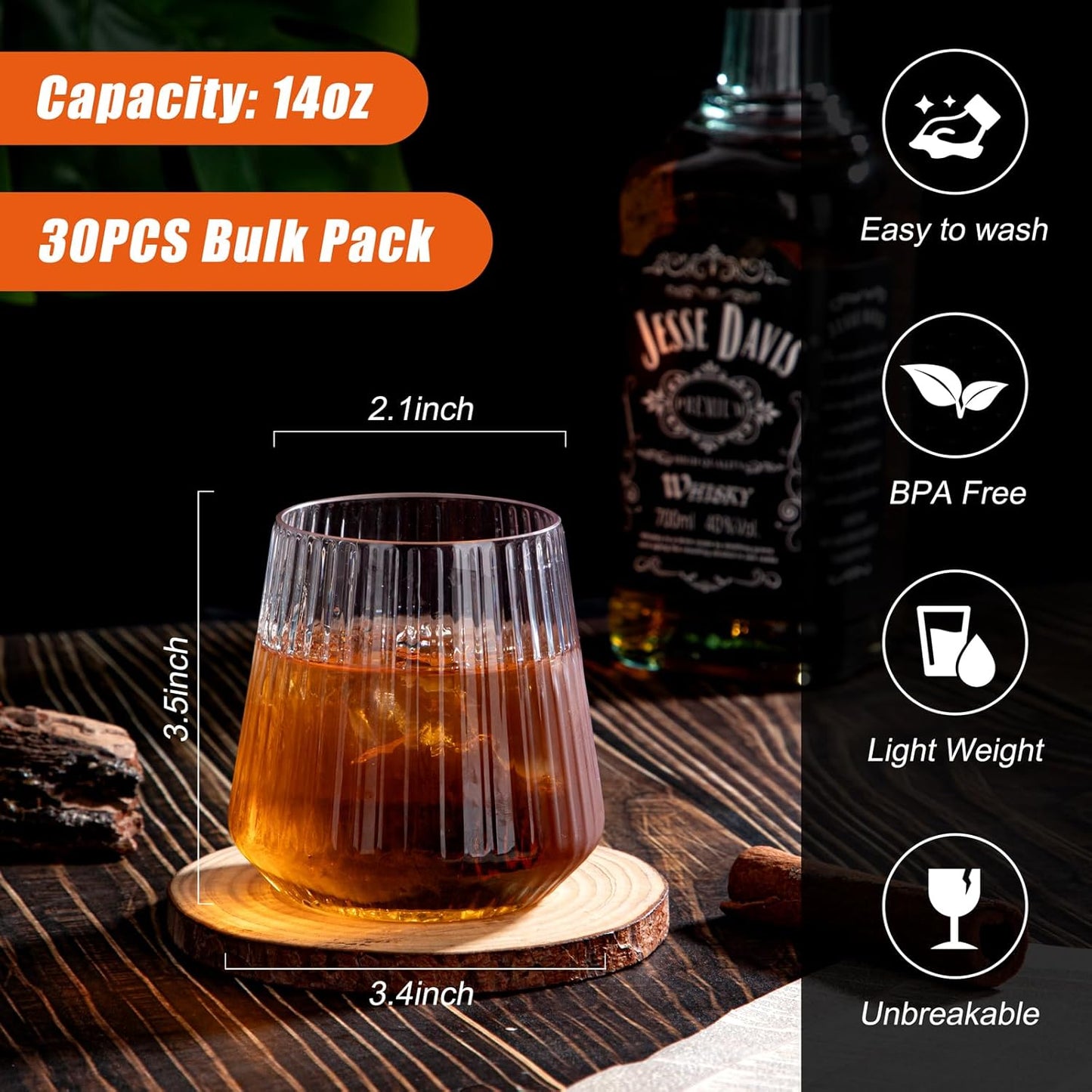 30 Pack Plastic Ribbed Wine Glasses, 14 OZ Origami Stemless Disposable Wine Champagne Whiskey Glasses Unbreakable Clear Plastic Cocktail Glasses, Reusable Wine Cups for Home Party Wedding Bar