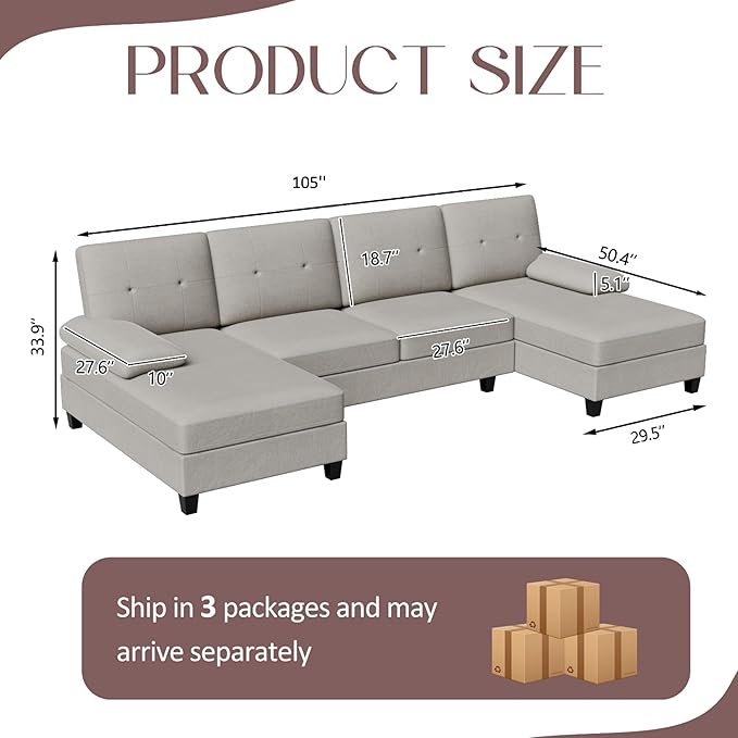 U-Shaped Sectional Couches for Living Room, 4 Seat Sofa - Image 2