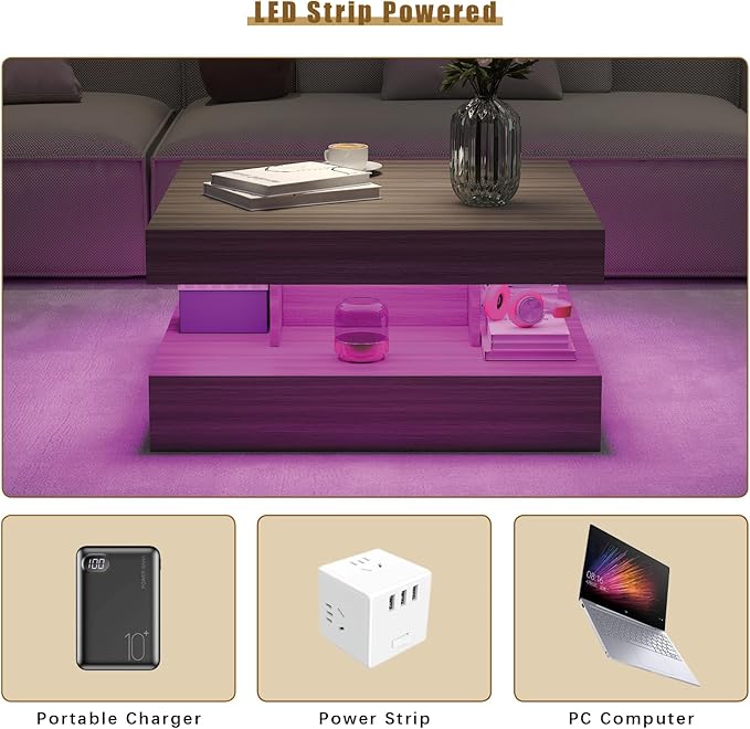HedoAjim LED Coffee Table for Living Room, Living Room Table 2-Tier Square - Image 5