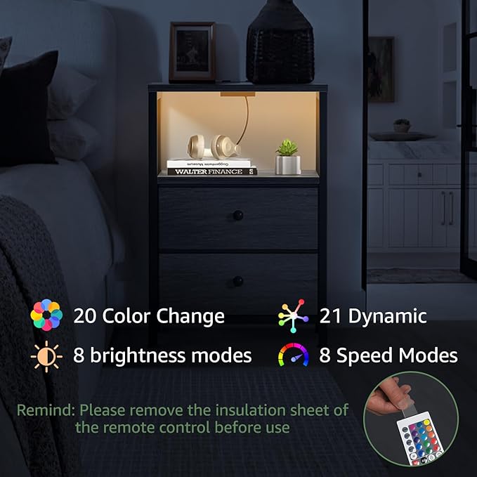 BOLUO Gray Nightstand with Charging Station, LED Night Stand with 2 Fabric - Image 6