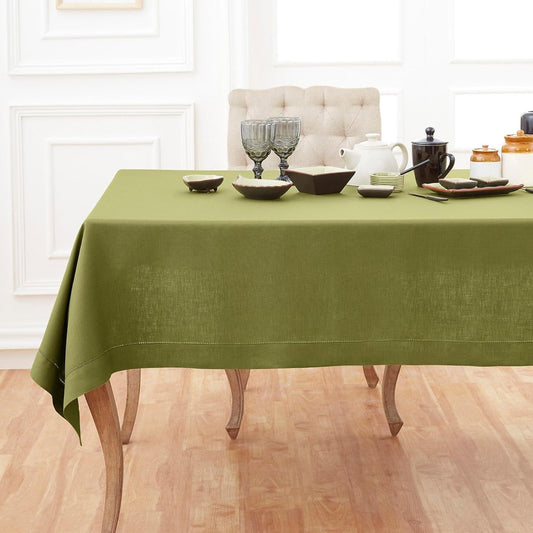Solino Home Linen Avocado Green Tablecloth 60 x 108 Inch - Classic Hemstitch, 100% Pure Linen Rectangular Tablecloth - Machine Washable Table Cloth for Fall, Autumn, Thanksgiving
