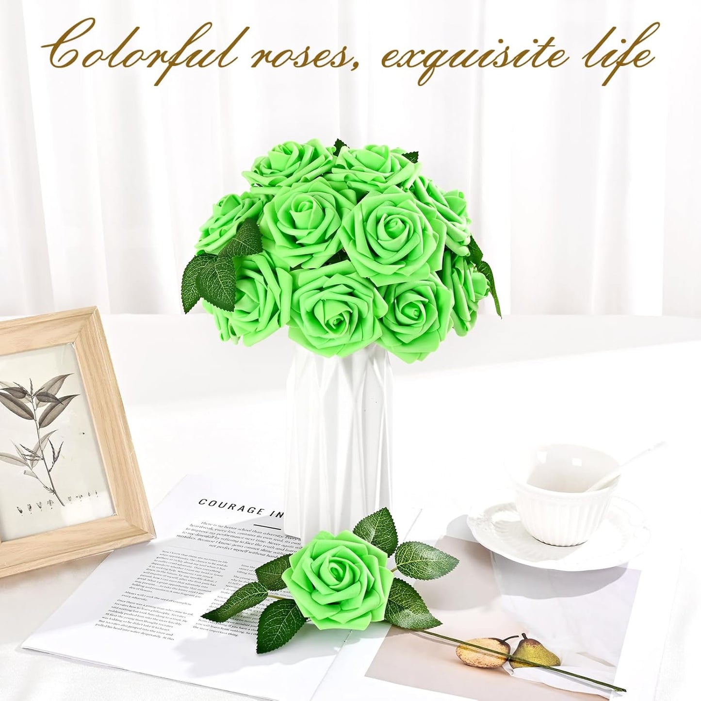 BLEUM CADE 36Pcs Artificial Flowers Fake Roses with Stems, Bright Green Boxed Foam Roses for DIY Bouquets Centerpieces Wedding Party Arrangement Bridal Shower Decor