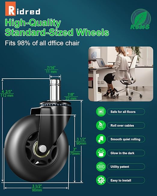 RidRed Office Chair Wheels Replacement Heavy Duty 3 Inch Roller Blade Wheels - Image 2