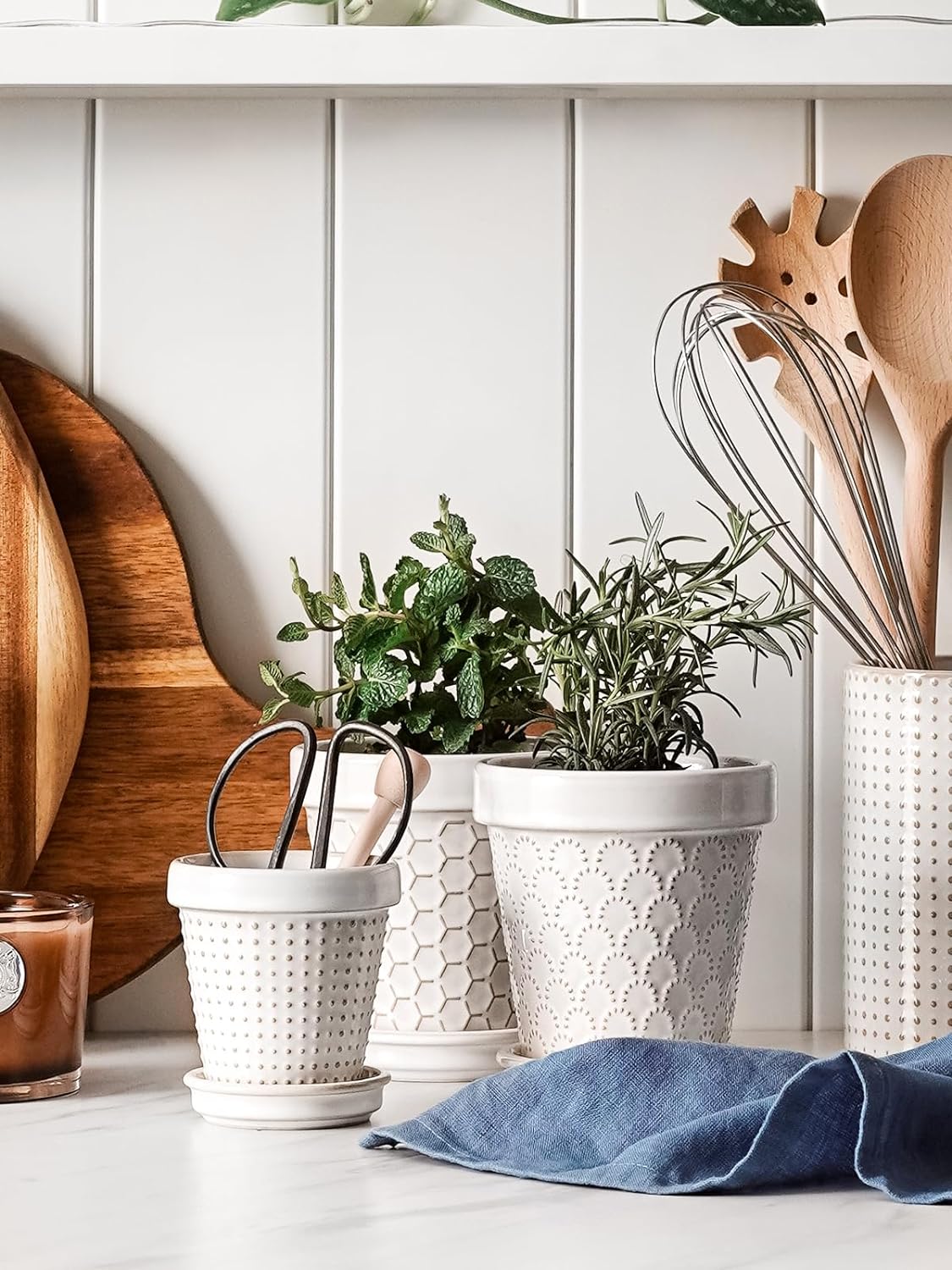 LE TAUCI 3 Inch Mini Succulent Pots - Very Small Ceramic Planter with Saucer, Tiny Embossed Flower Pots for Lithops, Mini Cactus, Air Plants, Fairy Gardens - Indoor Home Decor, Set of 4, Arctic White