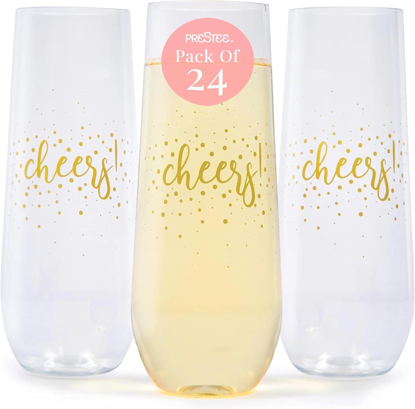 Prestee 24 Pack Stemless Plastic Champagne Flutes - 9 Oz Disposable Cheers Toast Cups for New Years Eve - Shatterproof Drinkware for Cocktails, and Mimosa Bar Supplies
