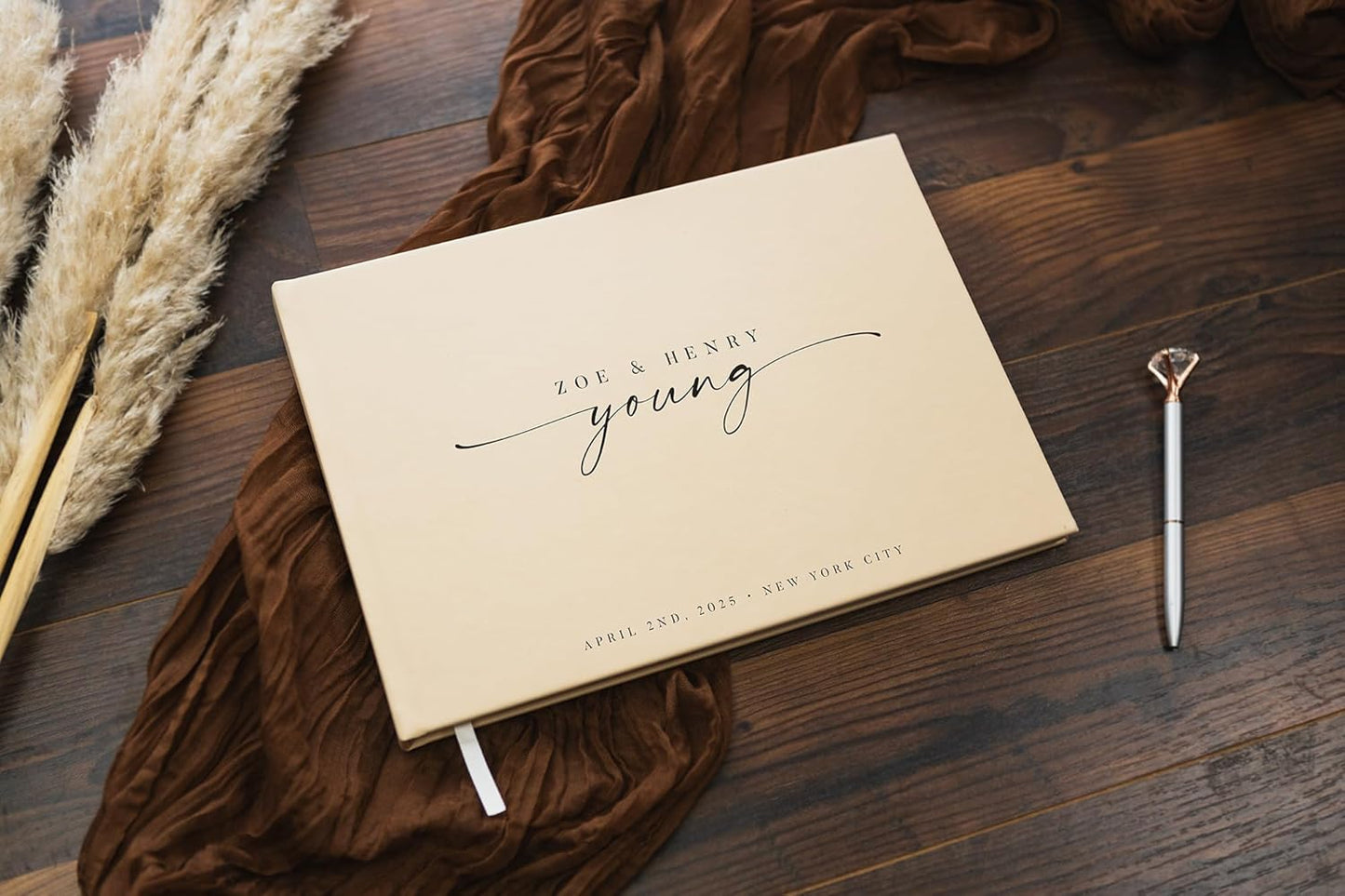 Personalized Guest Book - 11.5" x 8.5" Custom Bride & Groom Names with Bookmark and Hard Cover 140 GSM Blank Pages, for Weddings Guest Book, Engagements, Birthdays, Special Events, Butter