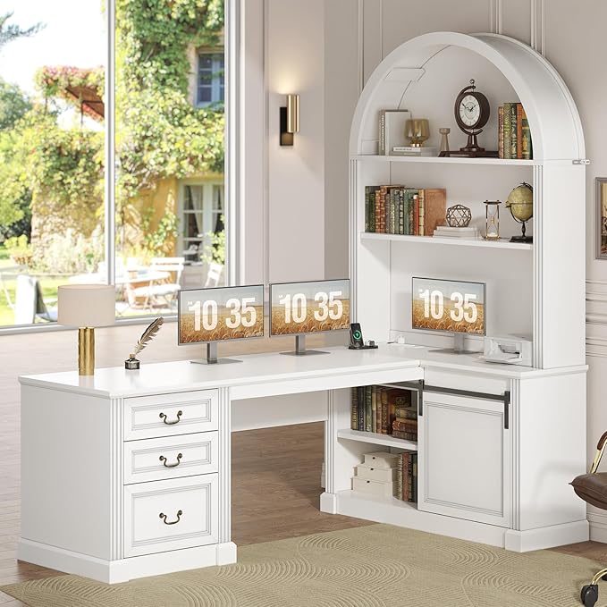 SEDETA 67" L Shaped Desk with Tall Arched Bookshelf, Mid-Century Office - Image 9