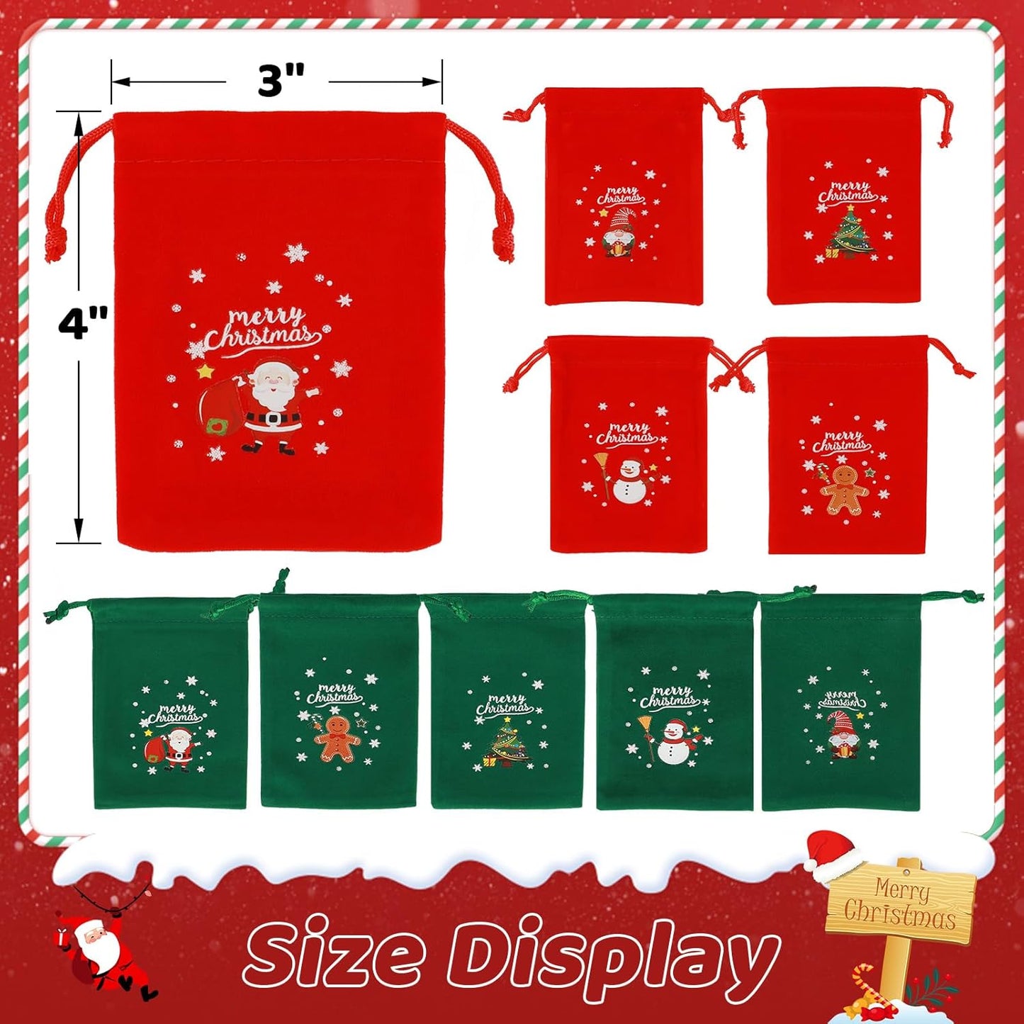 Tapleap Christmas Bags with Drawstring - 50Pcs 3x4 Red and Green Velvet Cloth for Wrapping Dice, Jewelry, Party Favors or Gifts for Friends, Children, Customers