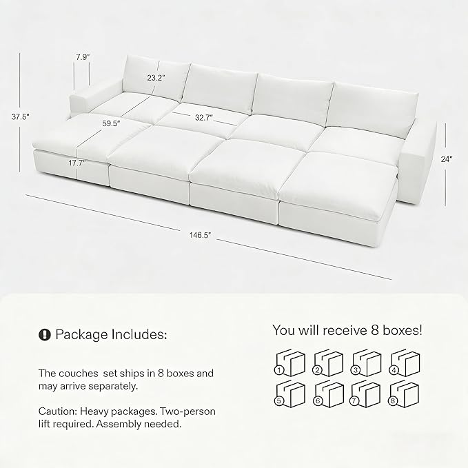 Cloud Couch Sectional 146.5'' Oversized Modular Deep Seat Sofa Bed Comfy White - Image 2