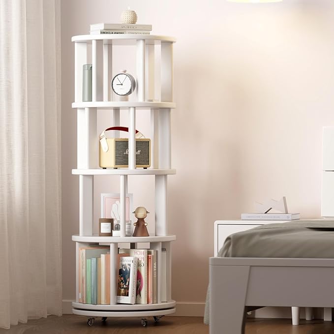 Muwuele Solid Wood Rotating Bookshelf on Wheels, 4 Tier, Round Revolving - Image 8