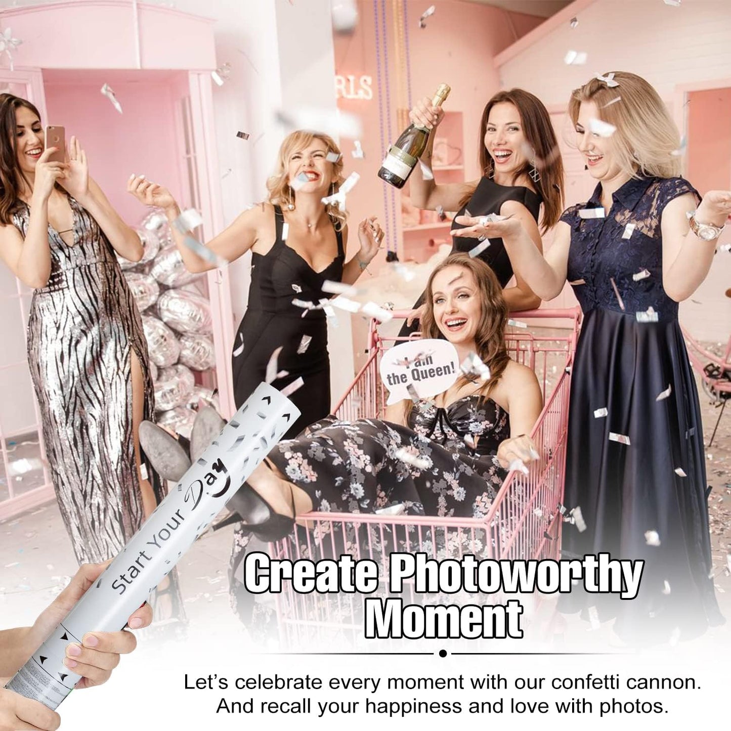 confetti Cannons, 15 Inch+Longer Confetti Shooters Party Poppers, WORKKEEP Silver Confetti Popper Air Powered for Birthday Wedding Celebration Photo Shoot New Year's Eve confetti Gun