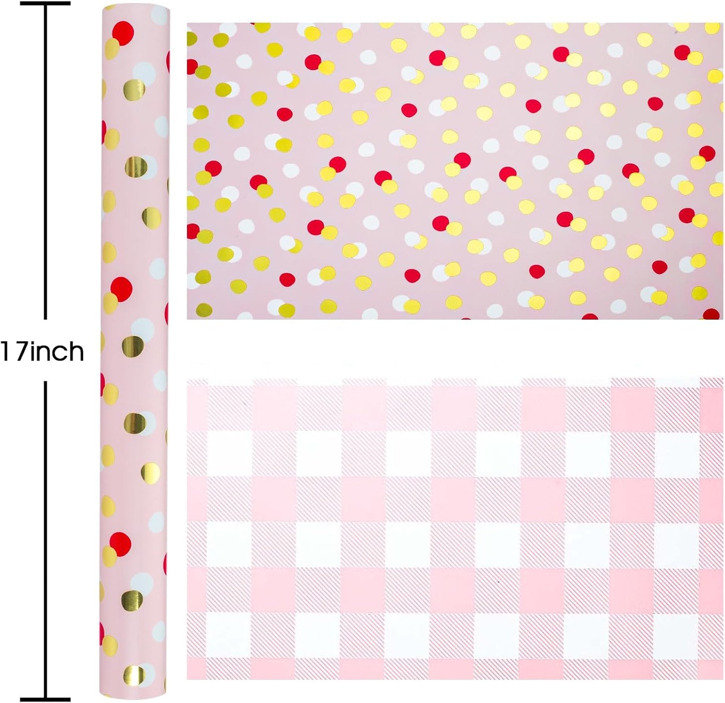 Burymento Red Gold Dots Wrapping Paper, Reversible Pink Lattice Design Gift Wrap for Baby Shower, Birthday, Valentines, Mothers day, Graduation, Wedding, Fathers day, Christmas (17 Inch X 32.8 Feet)