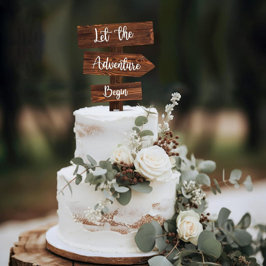 Let the Adventure Begin Cake Topper in Wood Rustic Cake Decoration for Wedding & Baby Shower