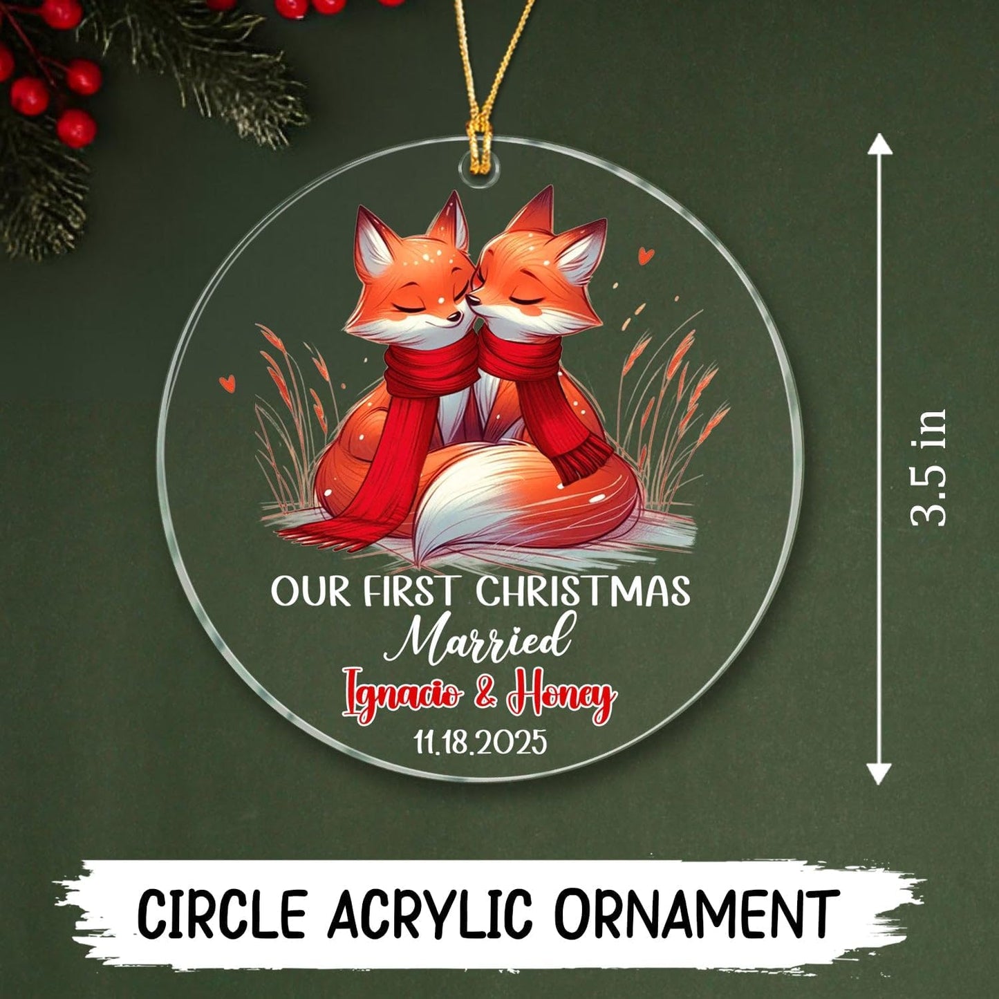 Personalized Date/Name Mr & Mrs Fox Married Christmas Ornament 2025, Our First Christmas Married Fox Ornaments Gift for Marriage, Customized Mr & Mrs Foxes Together Christmas Ornament for Newlyweds