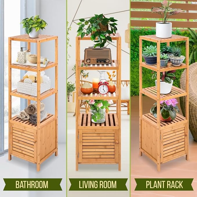 SereneLife 5-Tier Bamboo Bathroom Storage, Corner Slim Rack Cabinet Organizer - Image 4