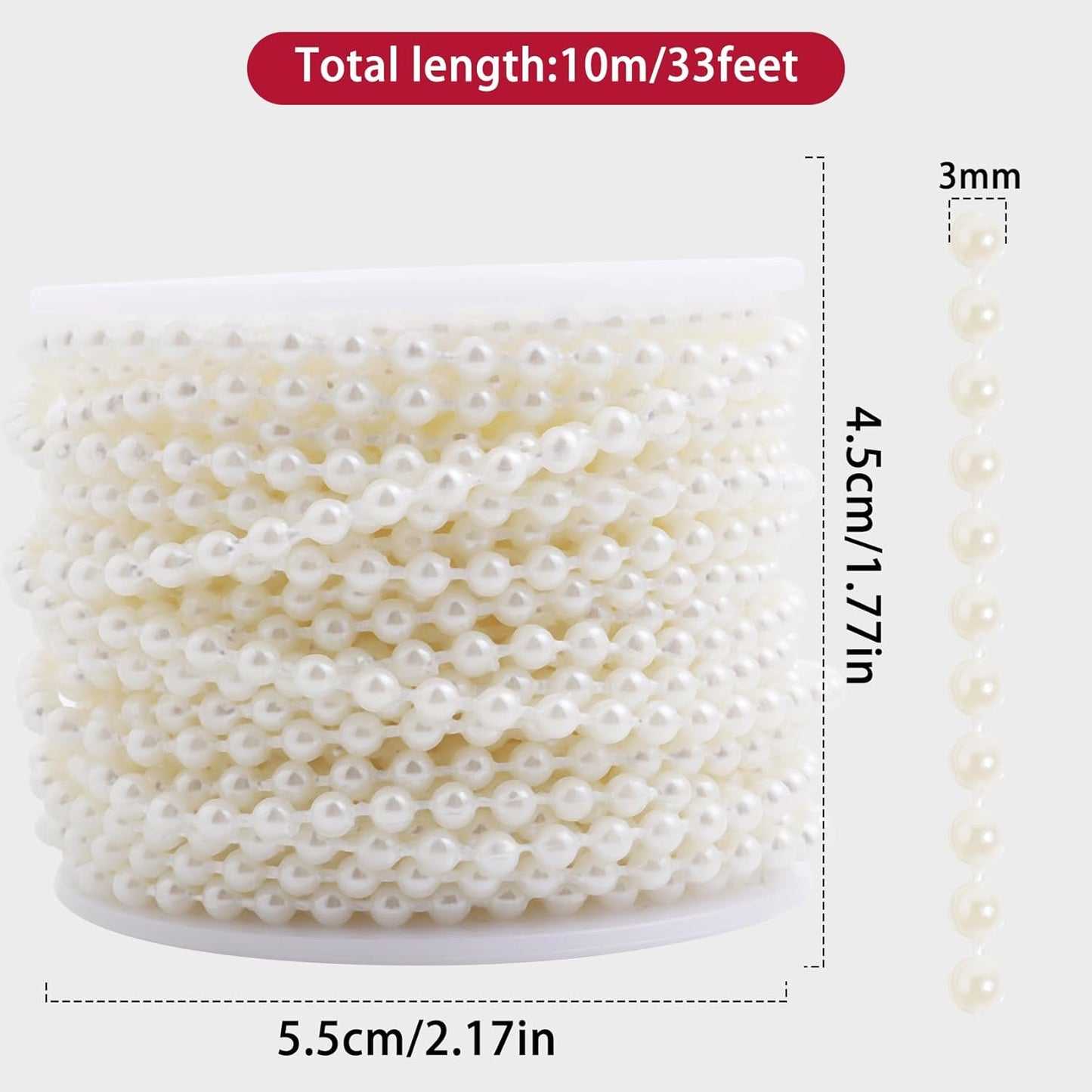 Pearls String Beads 33 Feet Crafts Faux Pearl Roll for Christmas Garland Flowers Wedding Party Jewelry Decoration(3mm Ivory)