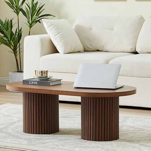 Oval Fluted Coffee Table, Farmhouse Wood Coffee Table Mid Century Modern Center by RUSTYER