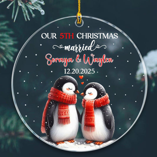 Our 5TH Christmas Married Ornament 2025, Customized Date & Name Mr & Mrs Penguin Xmas Ornament Gift for Married Couple, Personalized Mr & Mrs Penguin Marriage Ornaments for 5th Anniversary Together