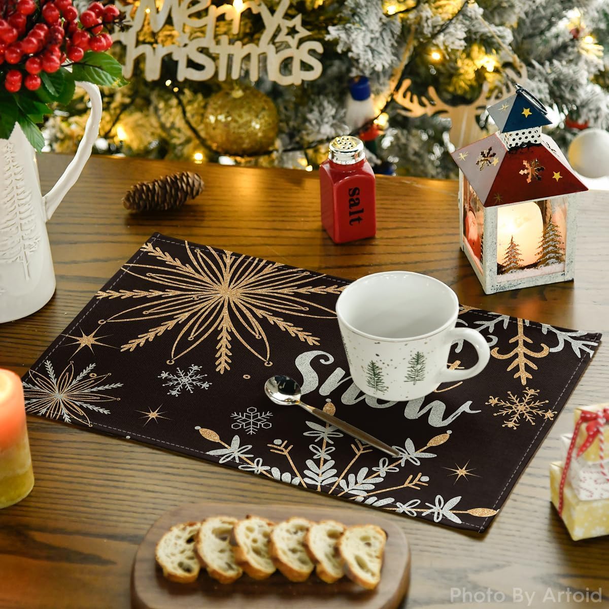 Artoid Mode Black Snowflake Let It Snow Winter Placemats Set of 4, 12x18 Inch Seasonal Christmas Table Mats for Party Kitchen Dining Decoration